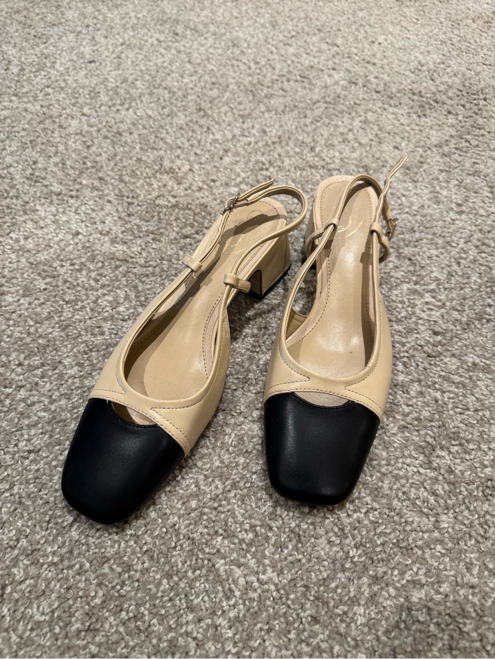 Sam Edelman Beige and Black Slingback Block Heel Pumps